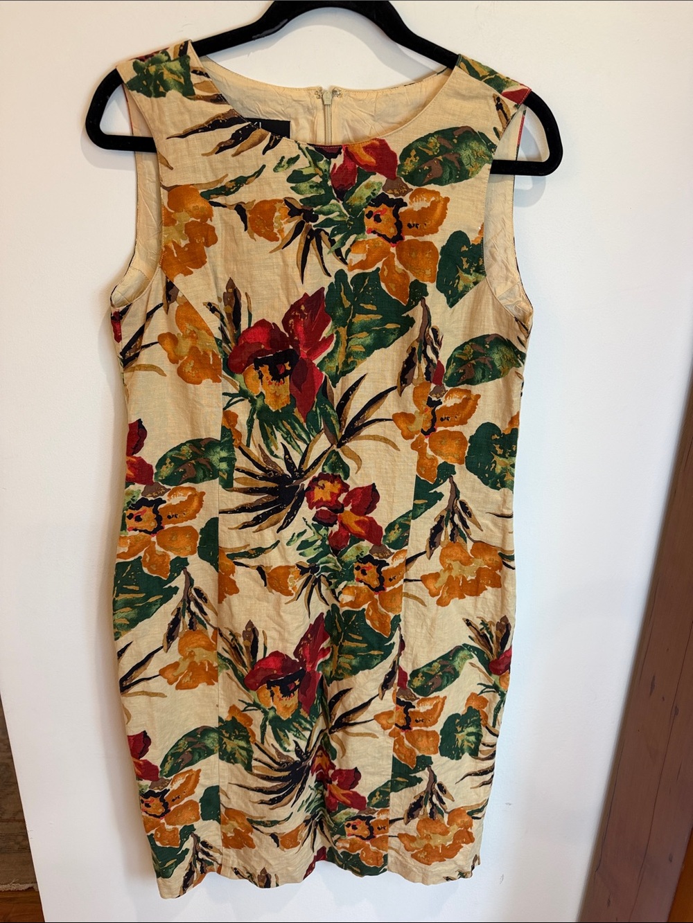 Vintage 90s Carole Little Linen/Cotton Blend Beige Floral Mini Dress, 14